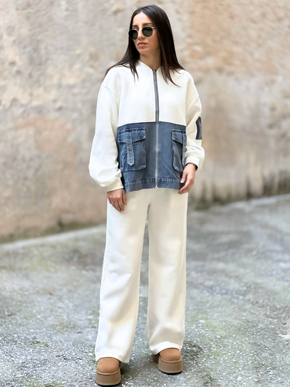 Λευκό Σετ με Τζιν Λεπτομέρειες - White Set with Denim Details