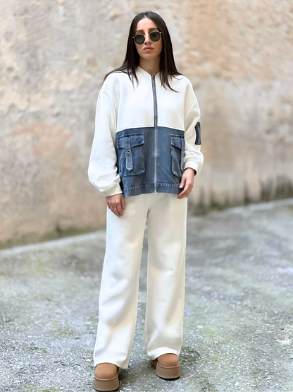 Λευκό Σετ με Τζιν Λεπτομέρειες - White Set with Denim Details
