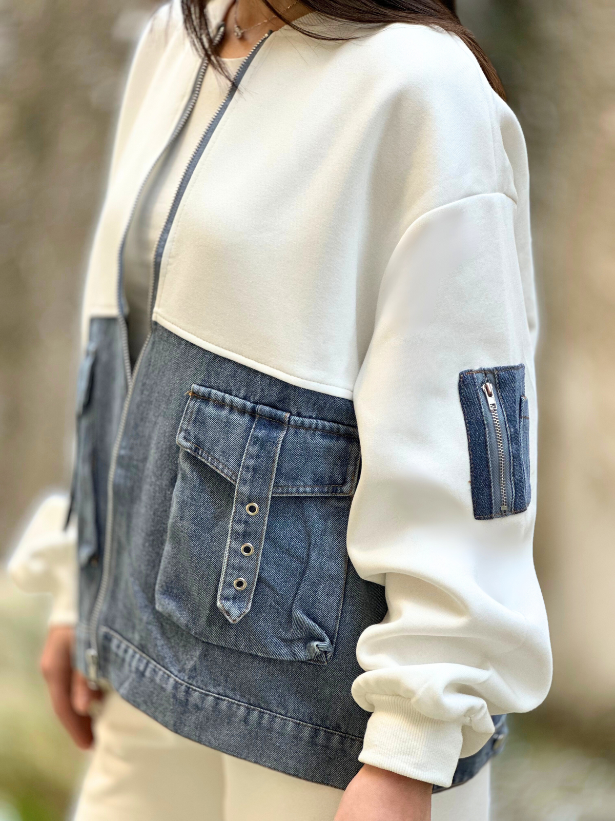 Λευκό Σετ με Τζιν Λεπτομέρειες - White Set with Denim Details