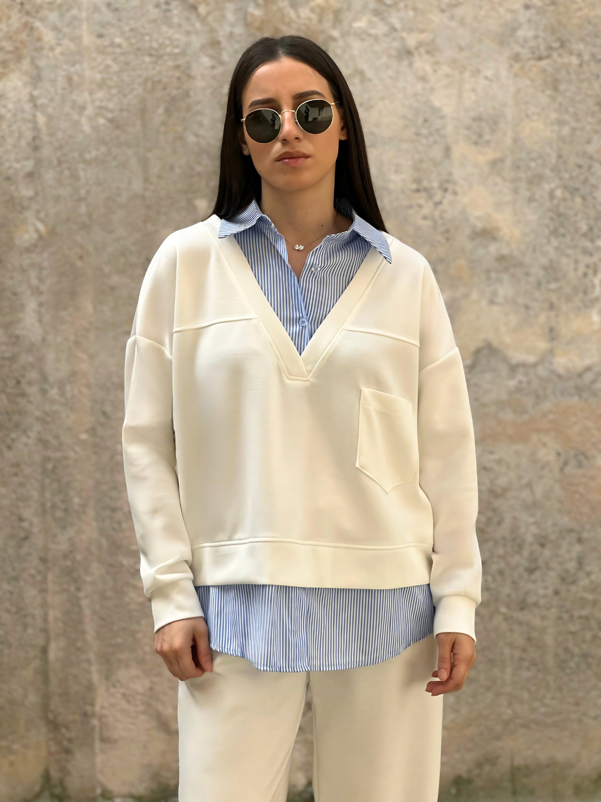 Oversized Κρεμ Σετ με Πουκάμισο - Cream Oversized Set with Undershirt