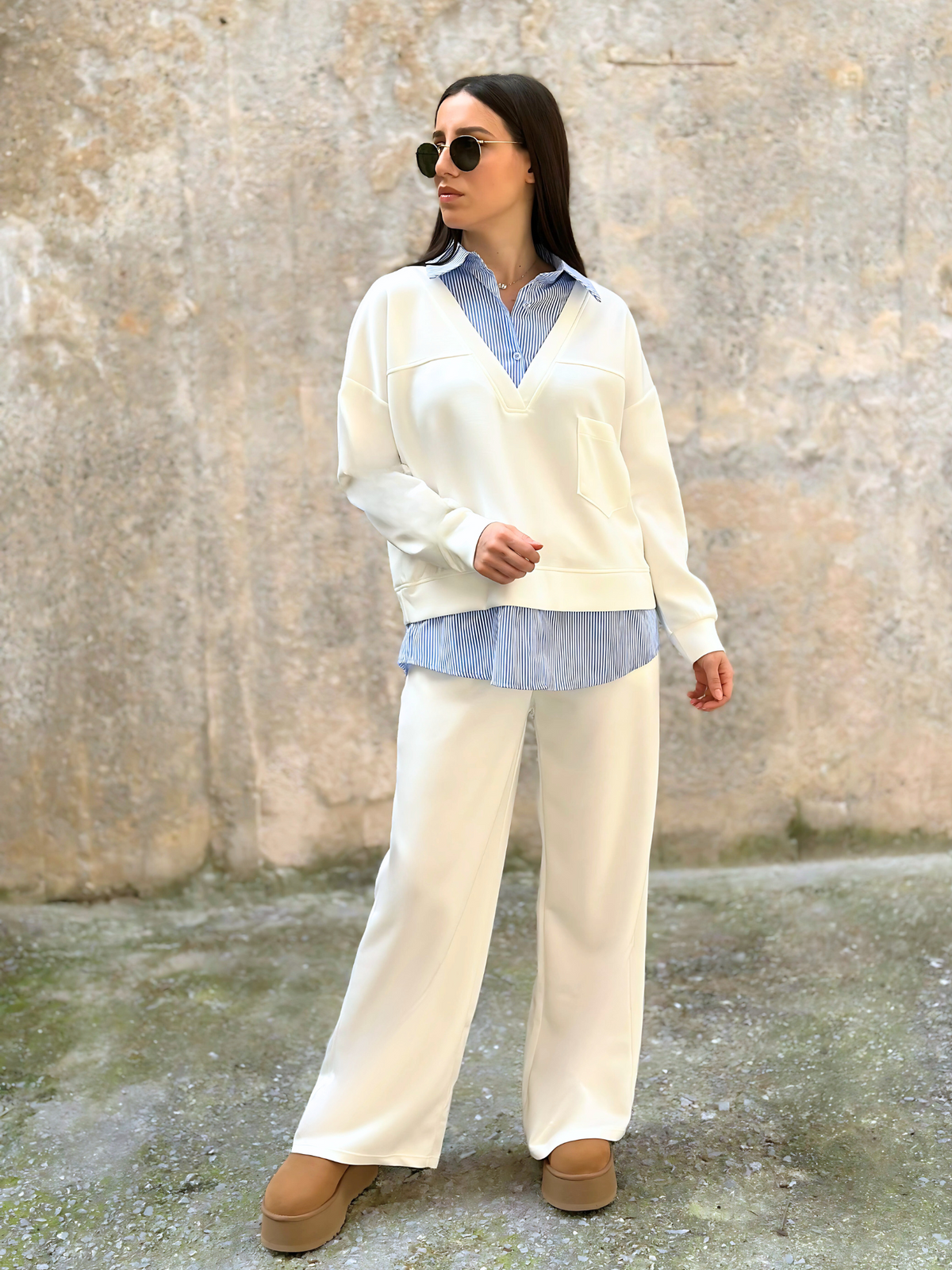 Oversized Κρεμ Σετ με Πουκάμισο - Cream Oversized Set with Undershirt