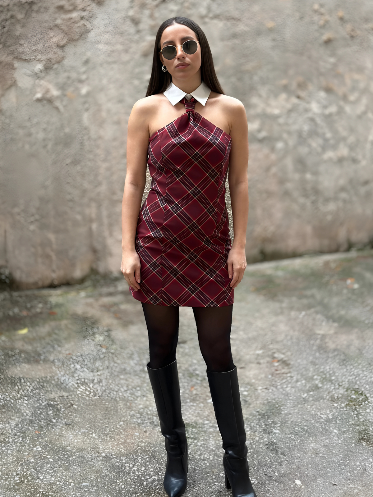 Μπορντό Φόρεμα με Καρό Μοτίβο - Short Halter Dress in Tartan Pattern