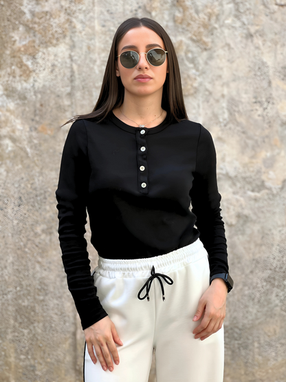 Μαύρο Ribbed Τοπ με Κουμπιά - Black Ribbed Button Top