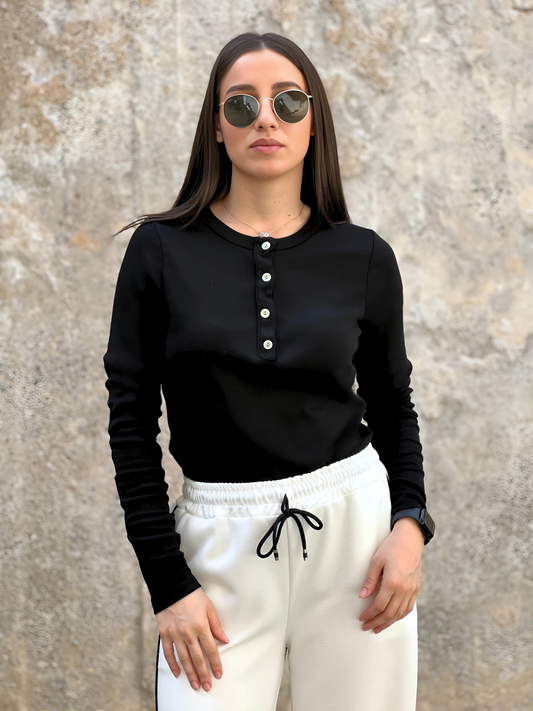 Μαύρο Ribbed Τοπ με Κουμπιά - Black Ribbed Button Top