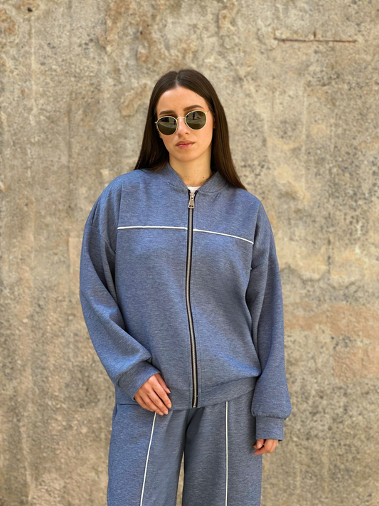 Μπλε Τζιν Athleisure Σετ με Ρίγες - Blue Jeans Athleisure Set with Stipe Details